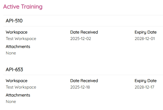 ETHOS my training view displaying individual employee's completed and pending training courses