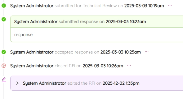 ETHOS RFI timeline view tracking request submission, review, and resolution dates